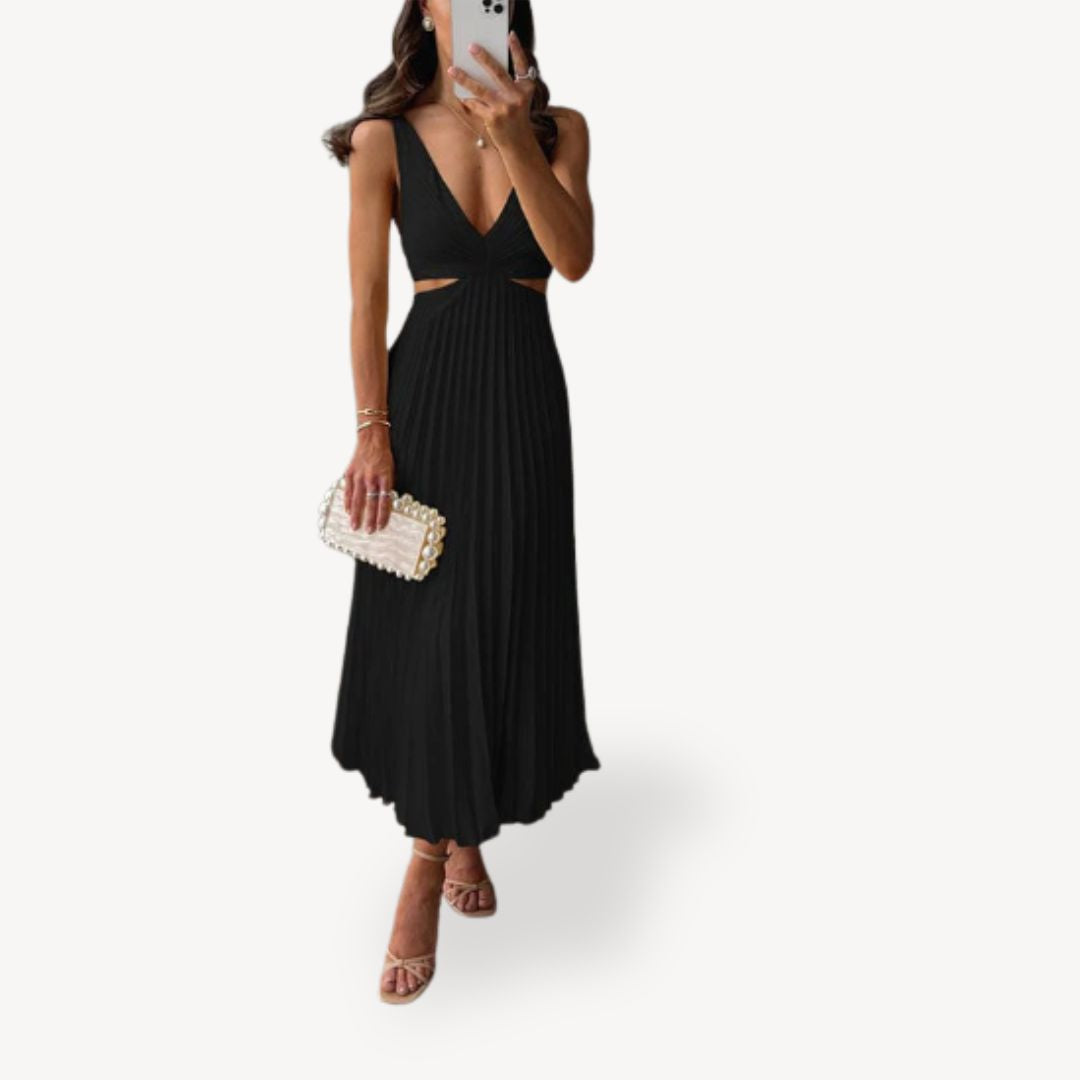 Womens Midi Dress Pleated Cutout Design
