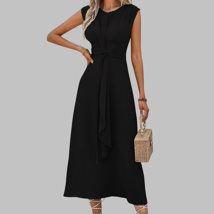 Womens Midi Dress with Belt Sleeveless Round Neck A-Line