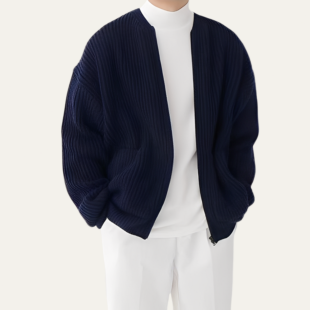 Mens Bomber Jacket Pleated Texture Oversized Fit Zip Front