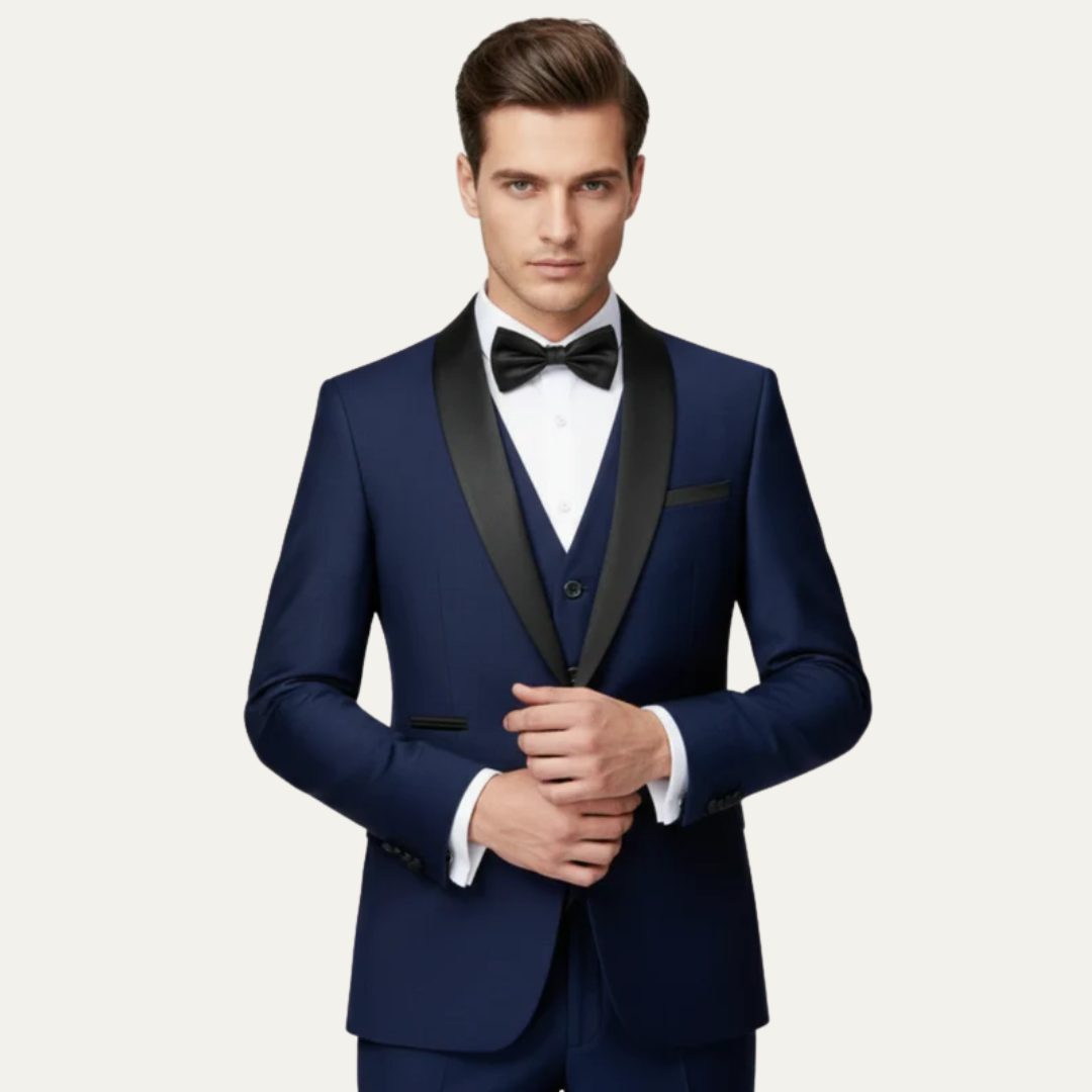 Mens Three-Piece Tuxedo Suit Satin Lapel Tailored Fit