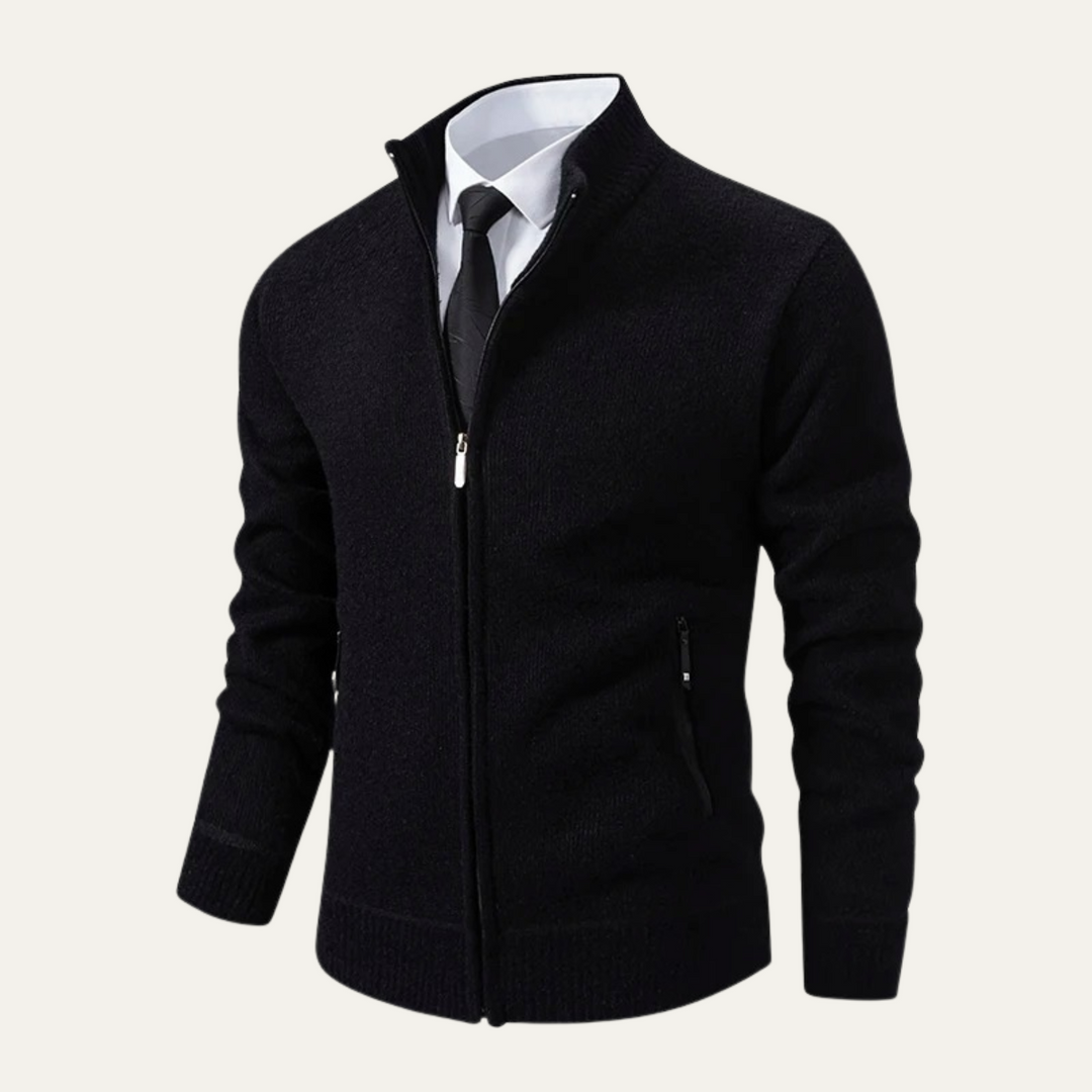 Mens Fleece Knit Zip Cardigan with Pockets Elegant Fit
