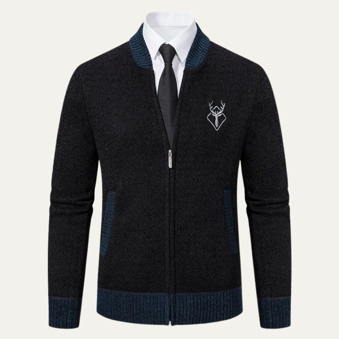 Mens Knit Zip Cardigan Embroidered Smart Fit