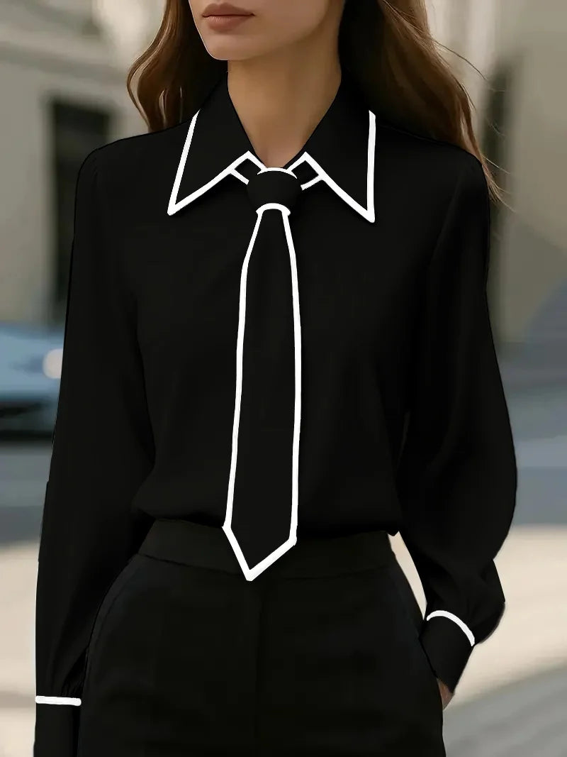 Womens Long Sleeve Blouse with Tie Neck and Contrast Collar