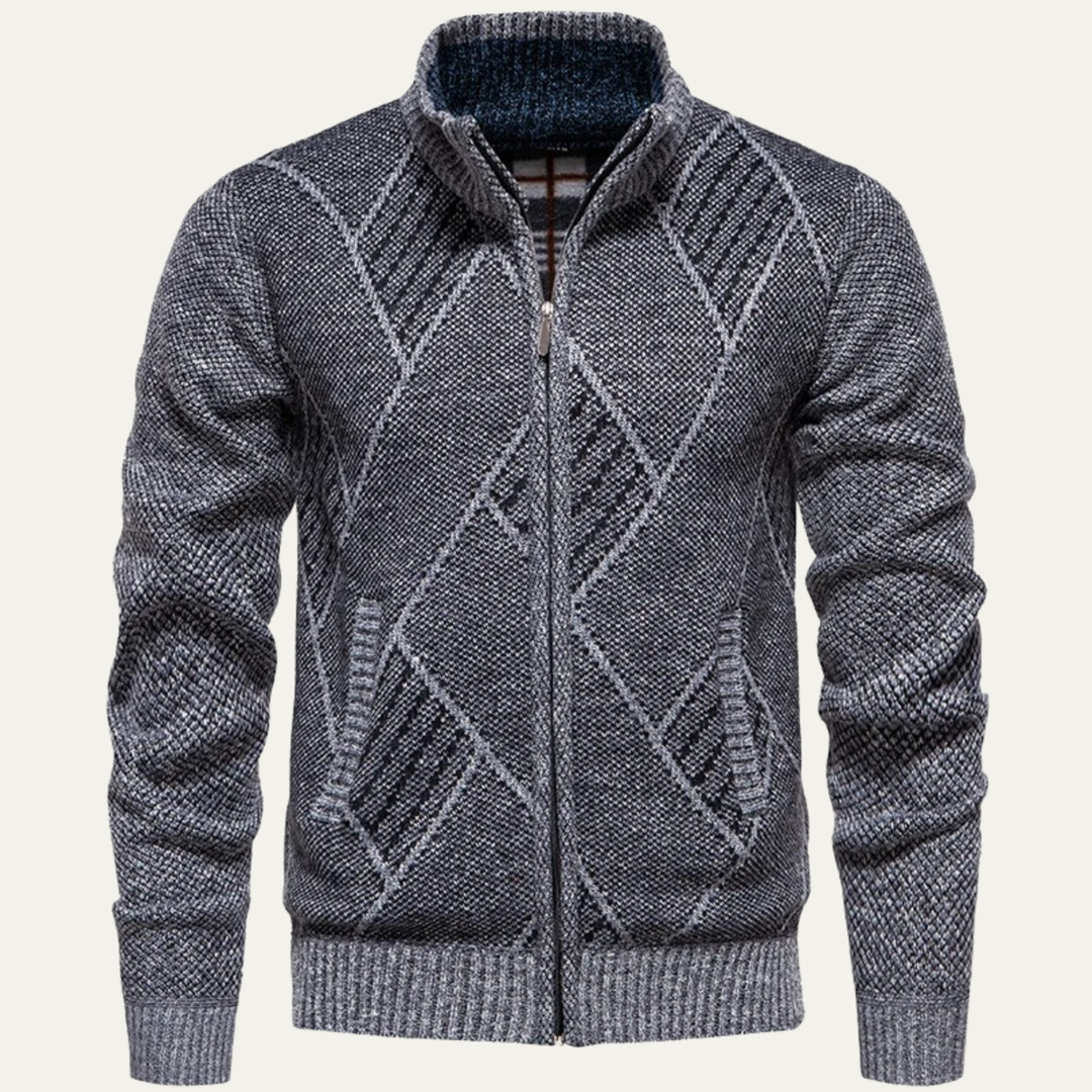 Mens Knit Fleece Zip Cardigan Diamond Pattern