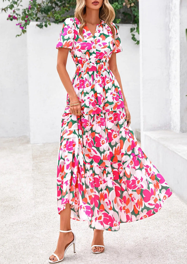 Womens Maxi Dress Floral Boho V-Neck Short Sleeve Flowy A-Line