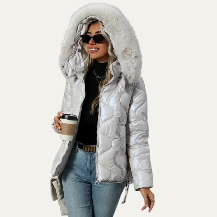 Womens Quilted Puffer Jacket Metallic Insulated Fit - BritishMode