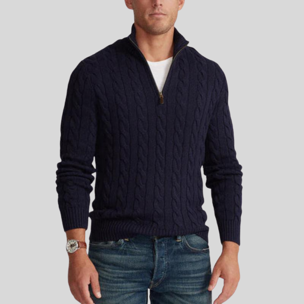 Mens Cable Knit Sweater Mock Neck Quarter Zip