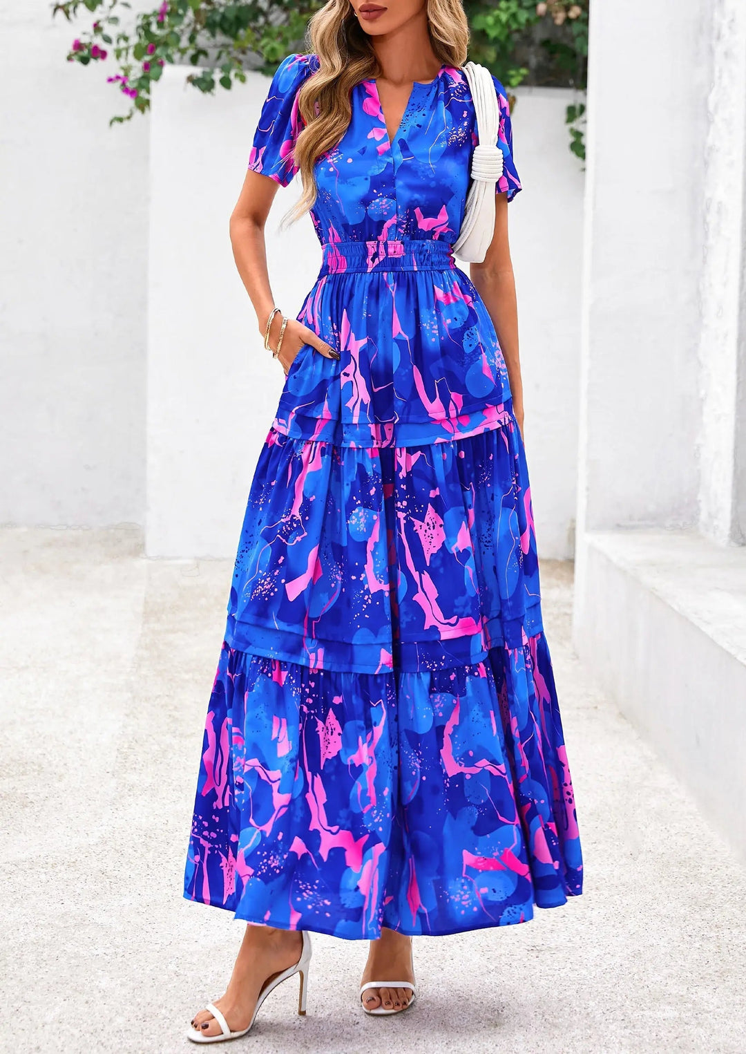Womens Maxi Dress Floral Boho V-Neck Short Sleeve Flowy A-Line
