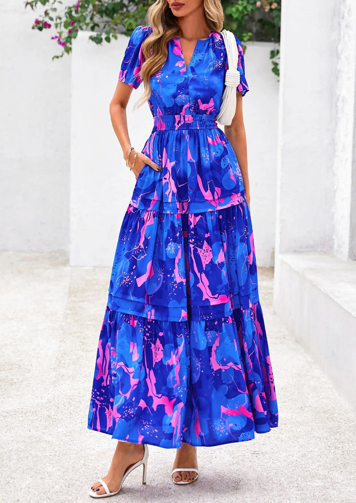 Womens Maxi Dress Floral Boho V-Neck Short Sleeve Flowy A-Line