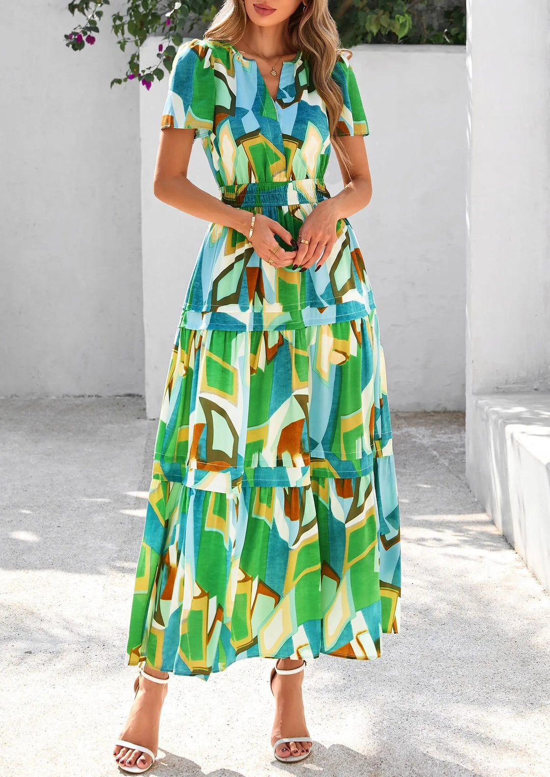 Womens Maxi Dress Floral Boho V-Neck Short Sleeve Flowy A-Line