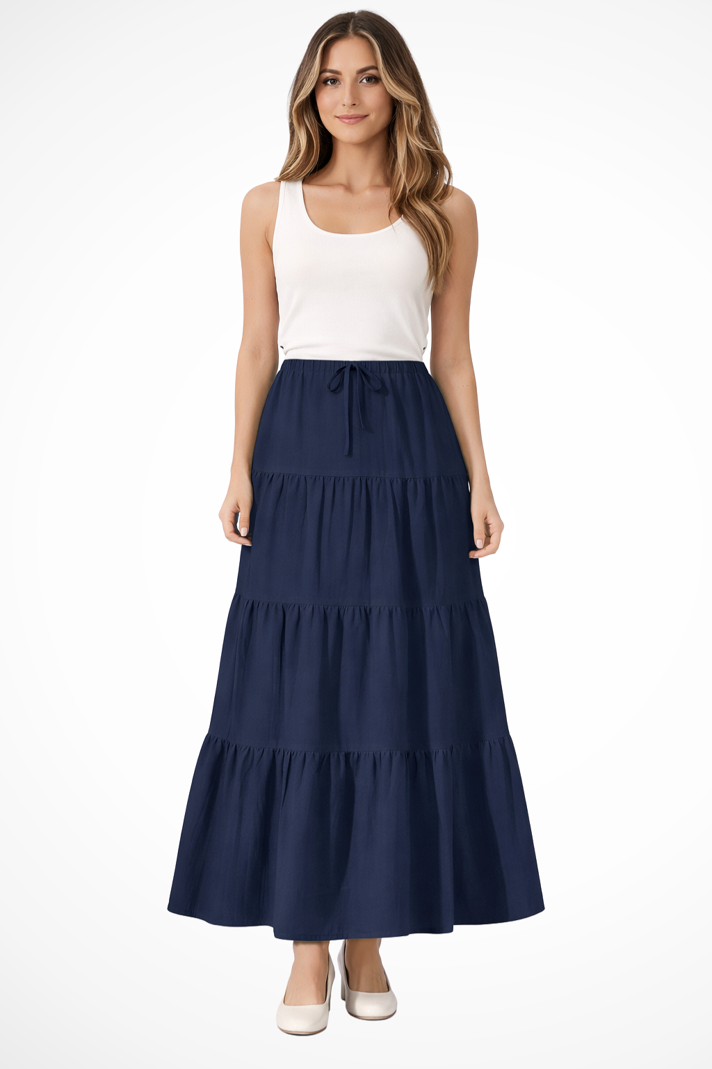 Womens Maxi Skirt Elastic Waist Drawstring Tiered Boho Style