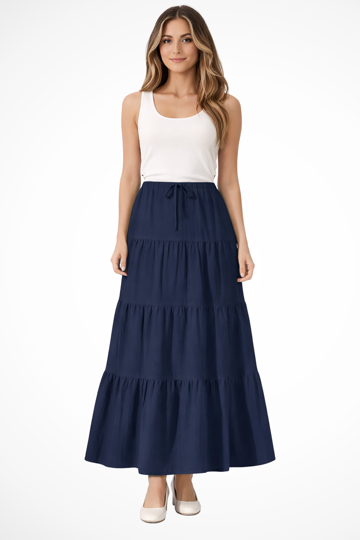 Womens Maxi Skirt Elastic Waist Drawstring Tiered Boho Style