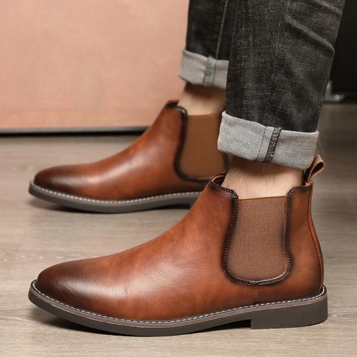 Mens Casual Leather Slip-On Chelsea Boots