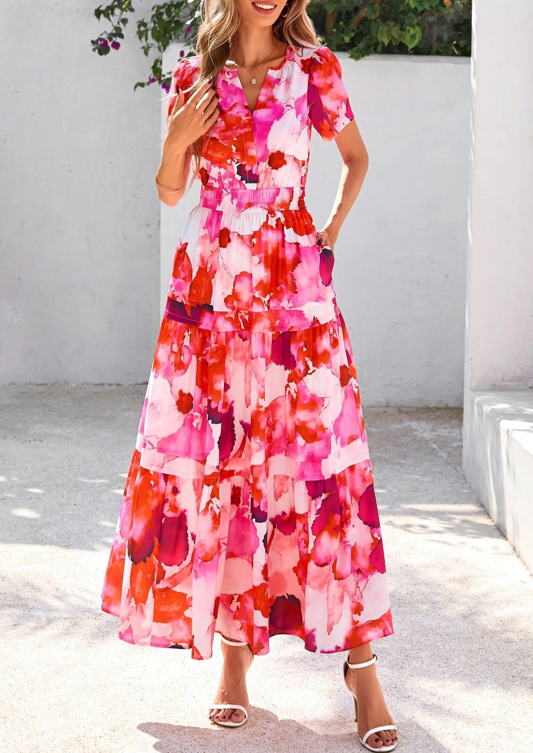 Womens Maxi Dress Floral Boho V-Neck Short Sleeve Flowy A-Line