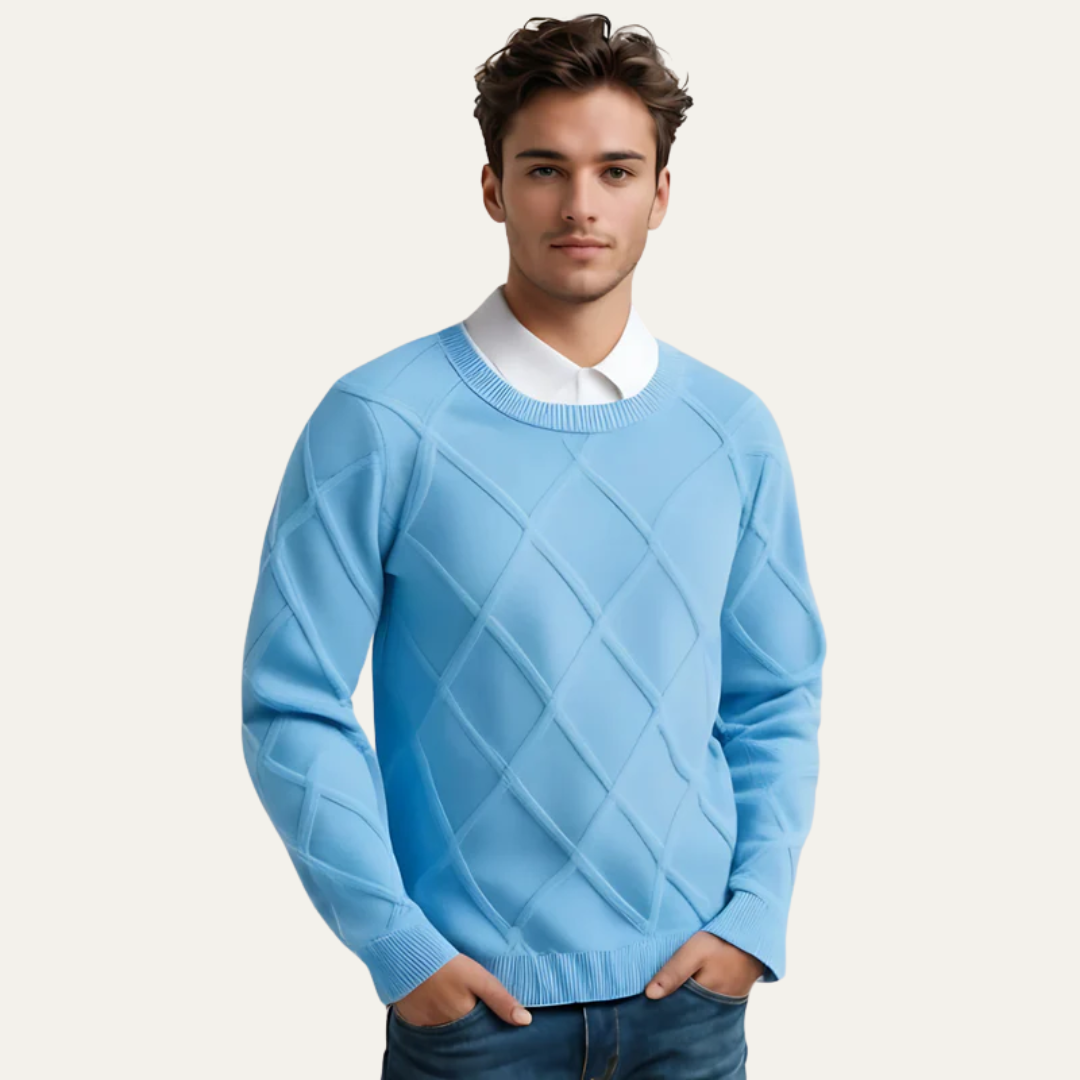 Mens Crew Neck Sweater Argyle Pattern Ribbed Fit - BritishMode