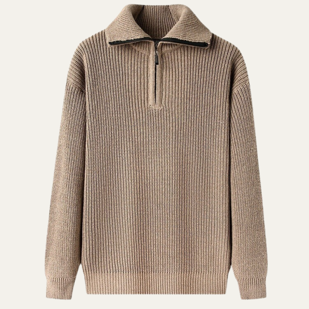 Mens Ribbed Quarter-Zip Sweater Turn-Down Collar