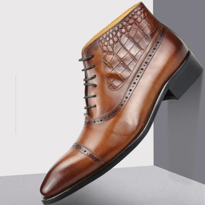 Mens Leather Brogue Dress Boots Lace-Up Ankle