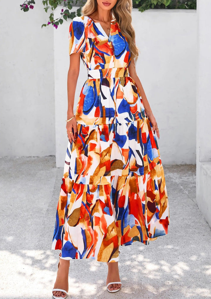 Womens Maxi Dress Floral Boho V-Neck Short Sleeve Flowy A-Line