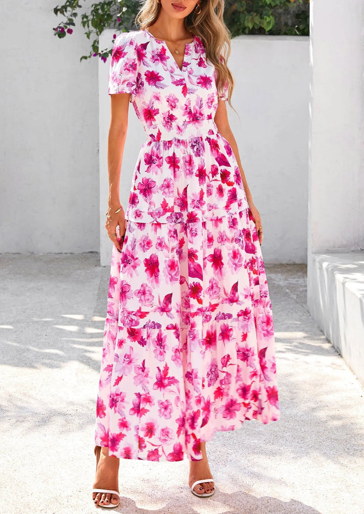 Womens Maxi Dress Floral Boho V-Neck Short Sleeve Flowy A-Line