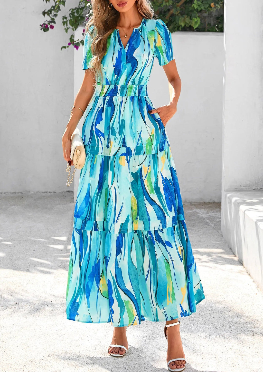 Womens Maxi Dress Floral Boho V-Neck Short Sleeve Flowy A-Line