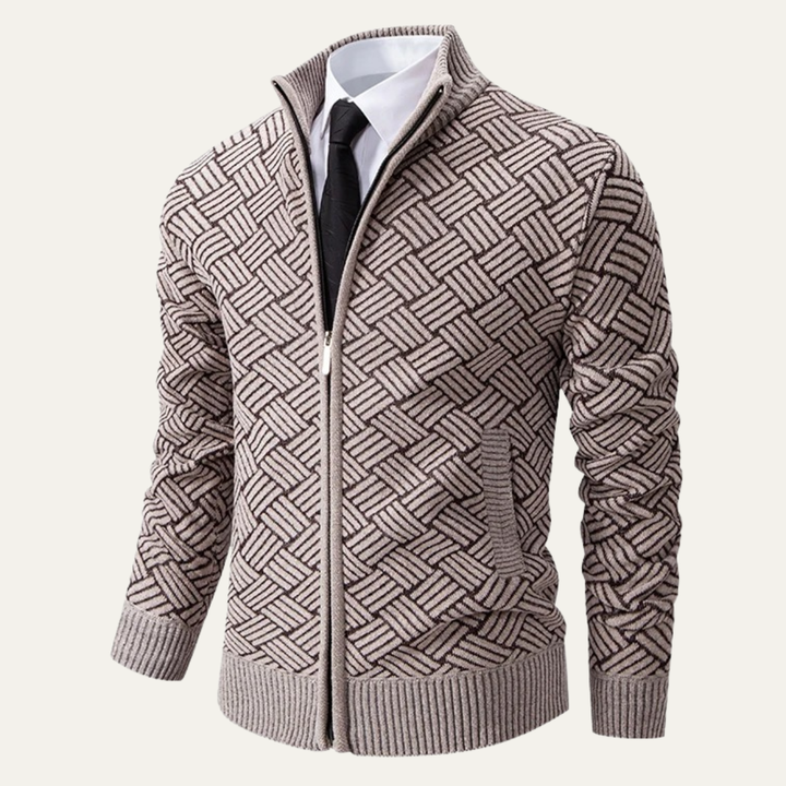 Mens Knit Jacket Diamond Pattern Stand Collar Elegant Fit