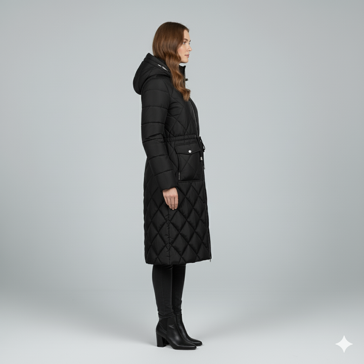 Womens Quilted Padded Jacket with Hood Knee-Length Fit