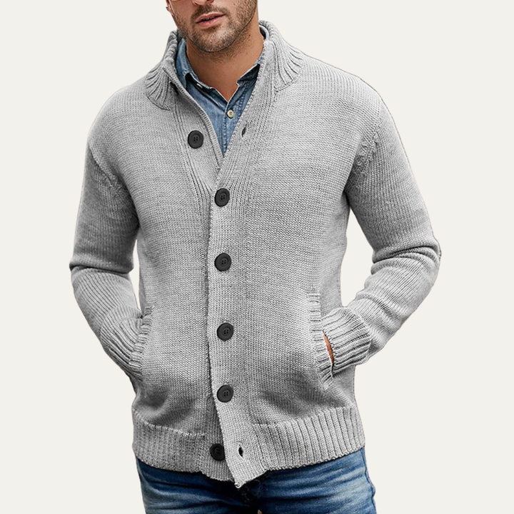 Mens Button Cardigan Chunky Knit Mock Neck