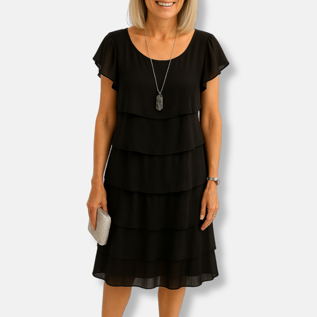 Womens A-Line Dress Tiered Scoop Neck Flutter Sleeve