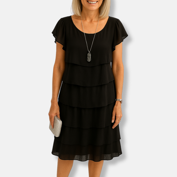 Womens A-Line Dress Tiered Scoop Neck Flutter Sleeve