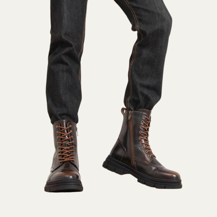 Mens Combat Boots Leather Cap Toe Side Zipper