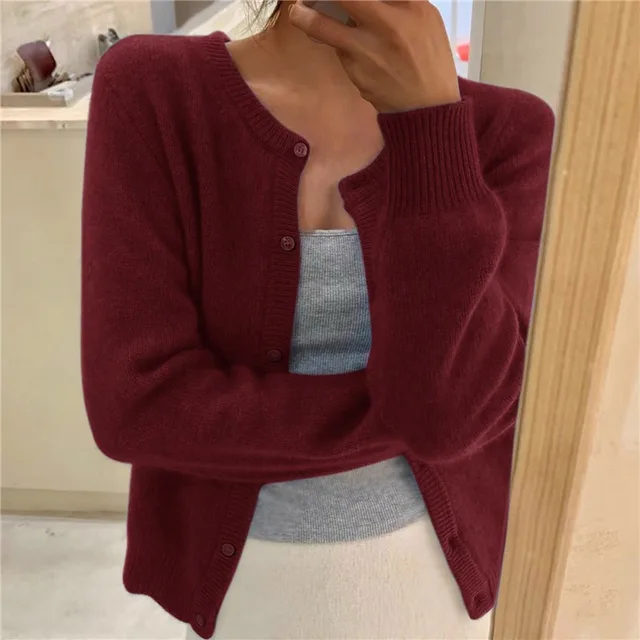 Womens Knit Cardigan Soft Fabric Round Neck Long Sleeve