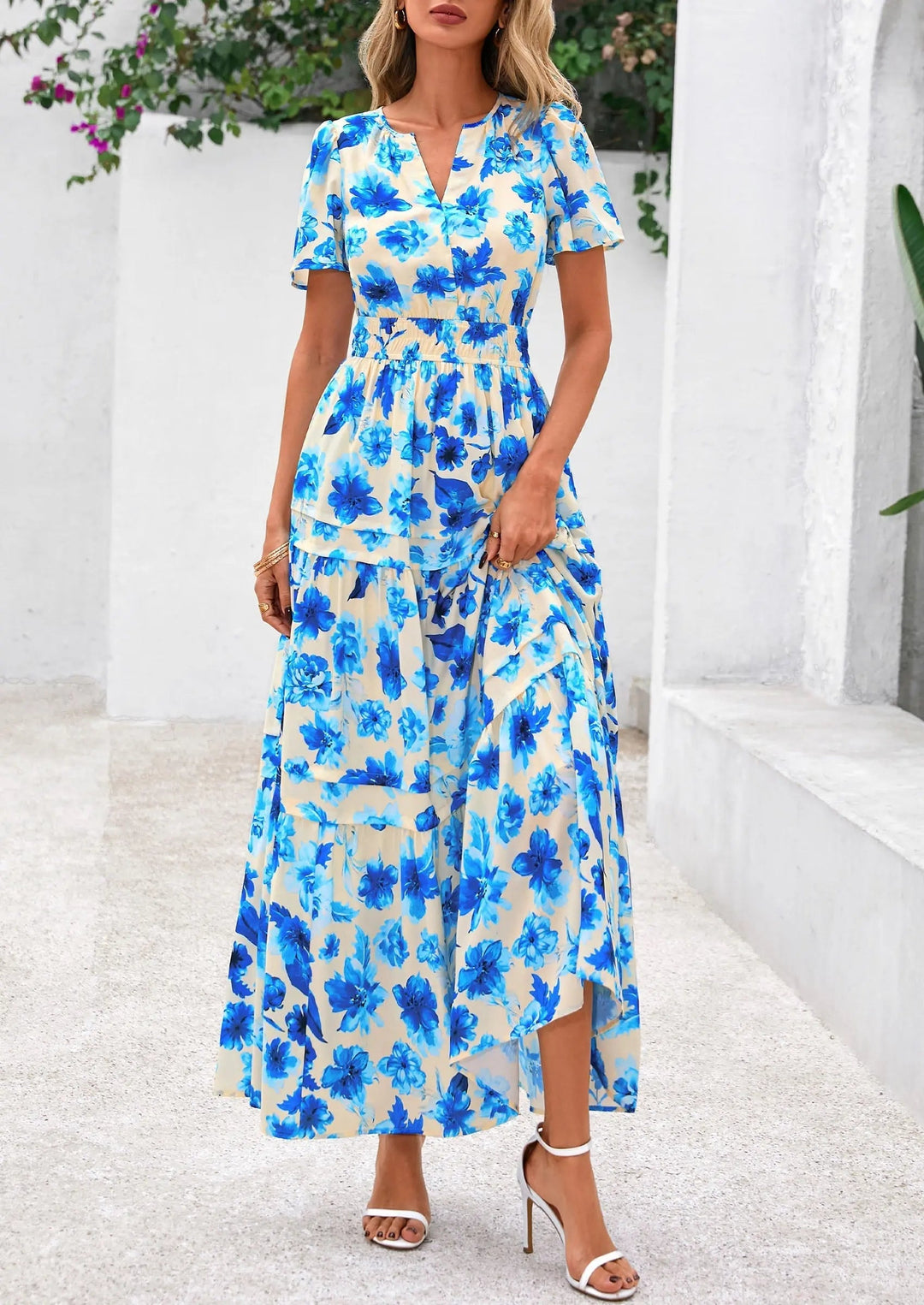 Womens Maxi Dress Floral Boho V-Neck Short Sleeve Flowy A-Line