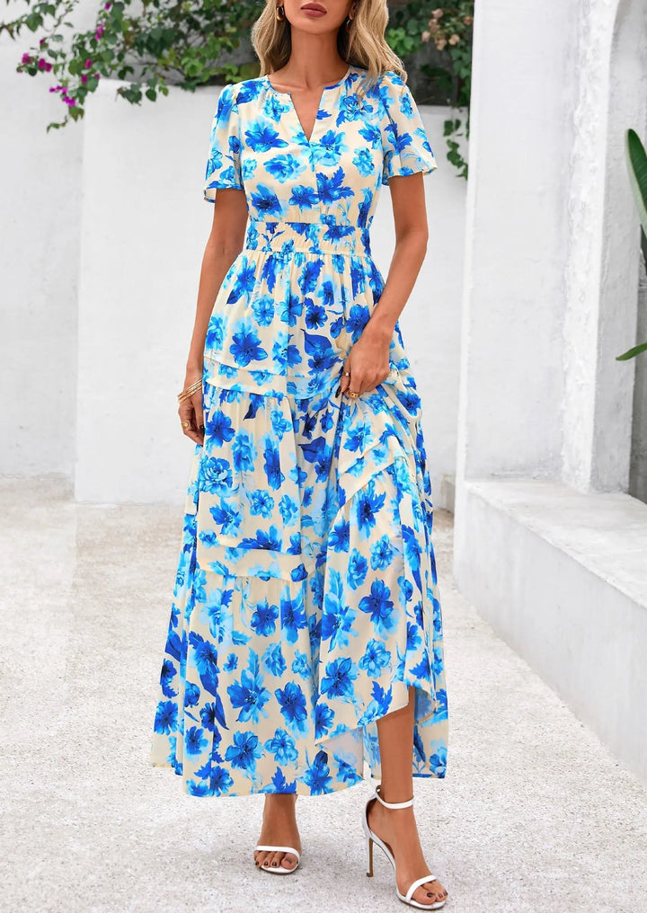 Womens Maxi Dress Floral Boho V-Neck Short Sleeve Flowy A-Line