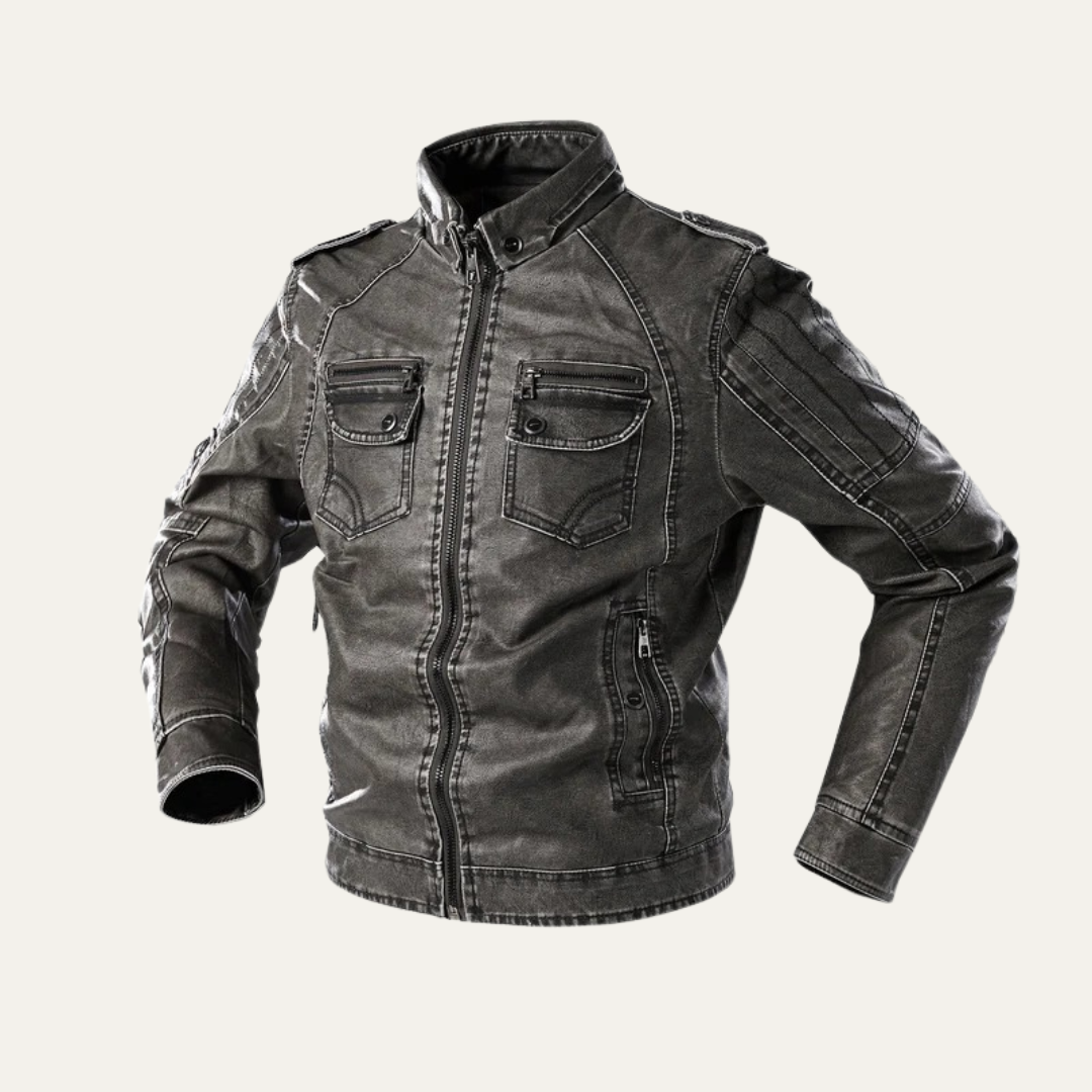 Mens Leather Jacket Biker Style Multi Pocket