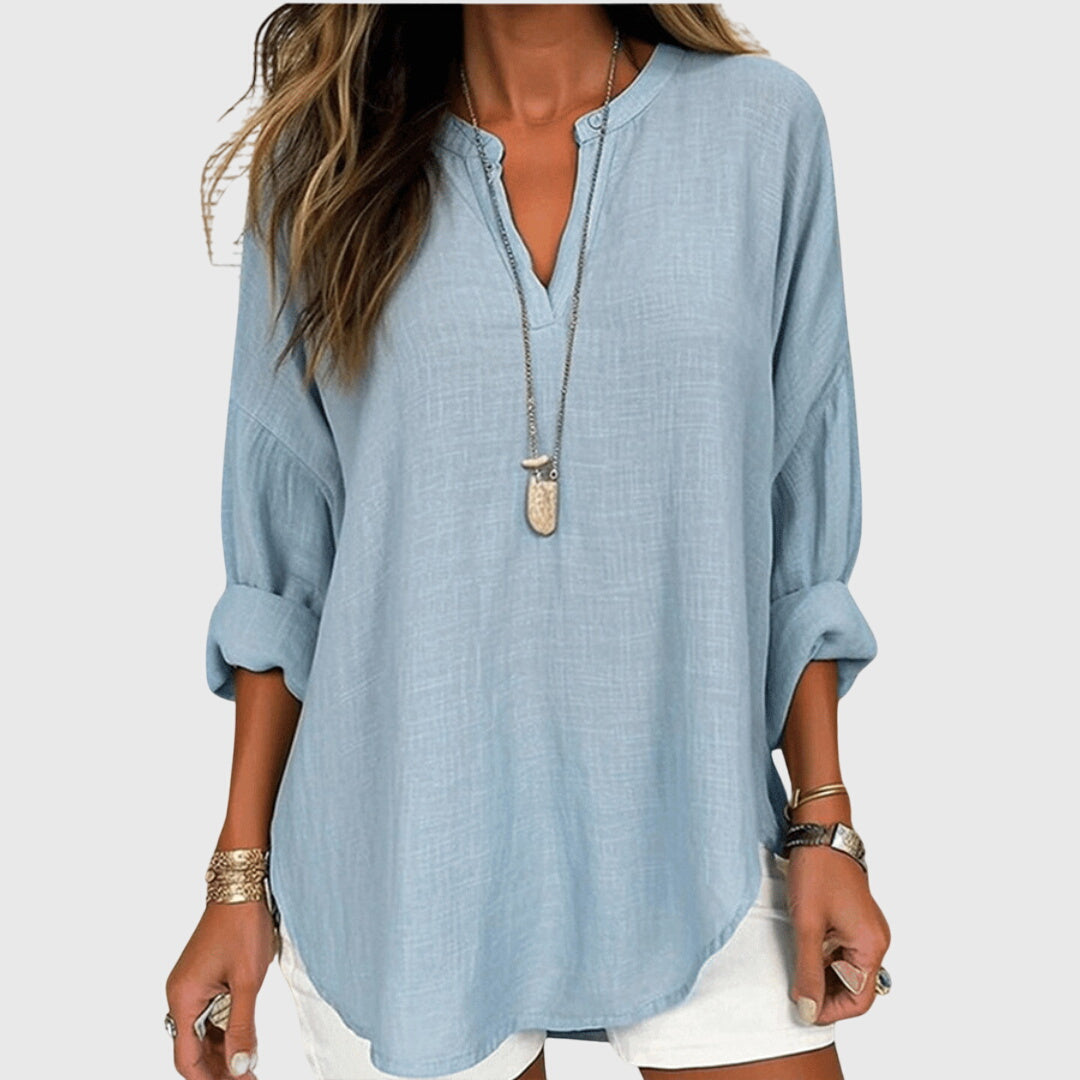 Womens Linen Shirt V-Neck Roll Sleeve Relaxed Fit - BritishMode