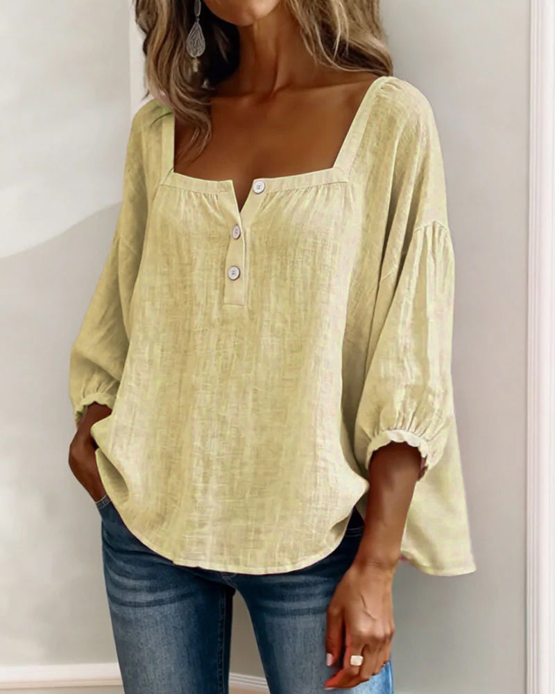 Womens Blouse Square Neck Puff Sleeve Button Front