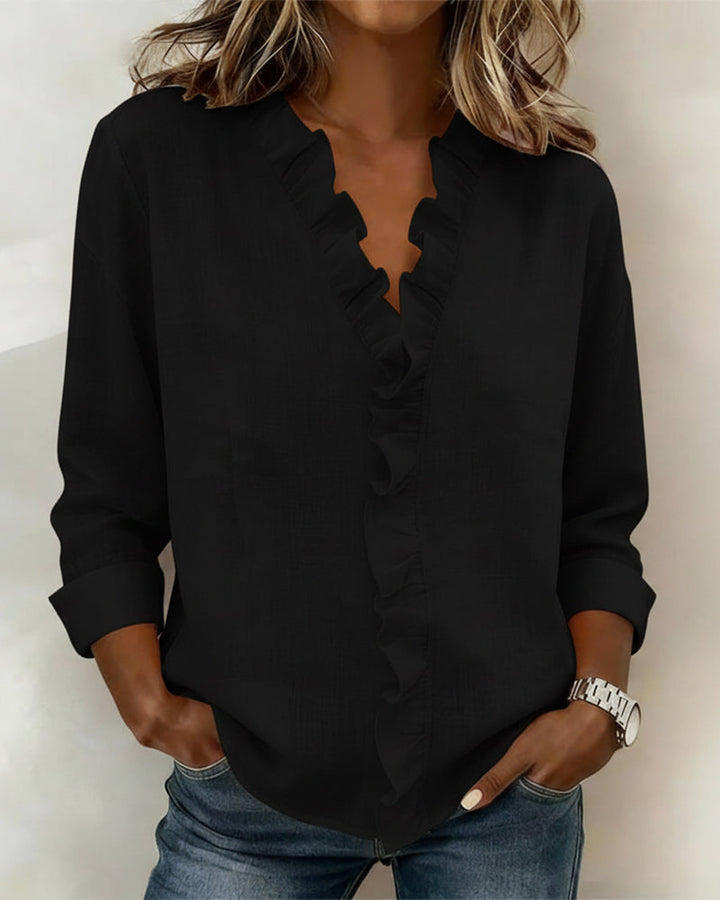 Womens Long Sleeve Blouse with Ruffle V-Neck Relaxed Fit