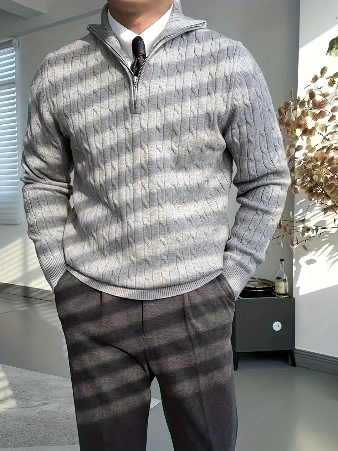 Mens Knit Sweater with Zip Neck Cozy Fit