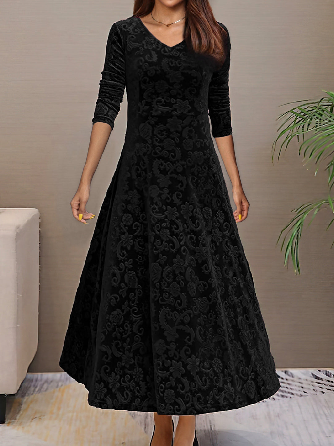 Womens Velvet Evening Dress Long Sleeve Elegant Fit