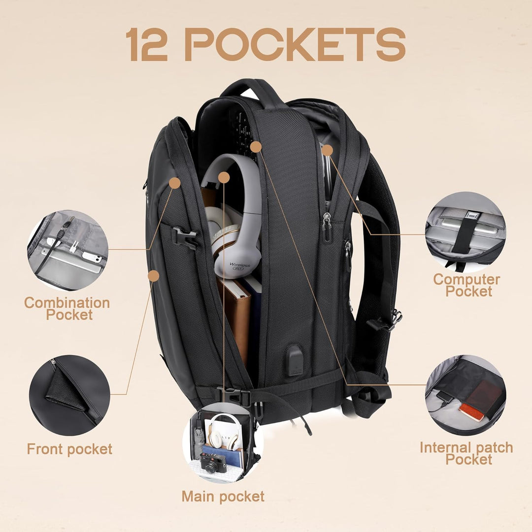 Unisex Expandable Waterproof Travel Backpack with USB Port and Laptop