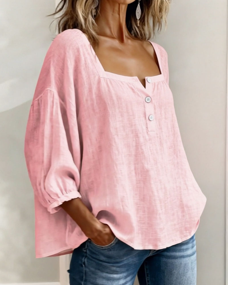 Womens Blouse Square Neck Puff Sleeve Button Front