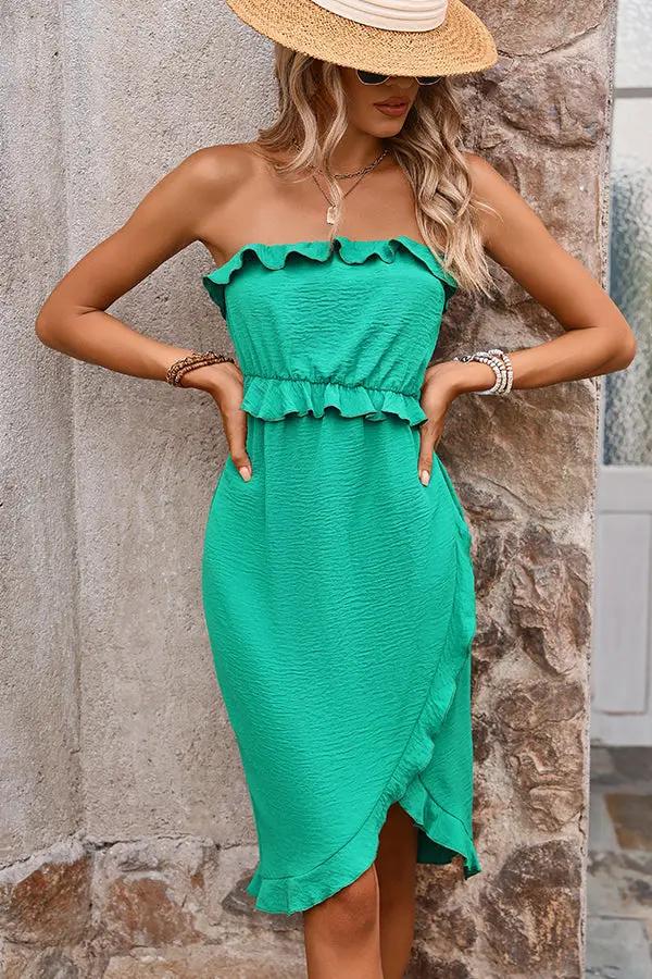 Womens Bandeau Dress with Ruched Frill Detail - BritishMode