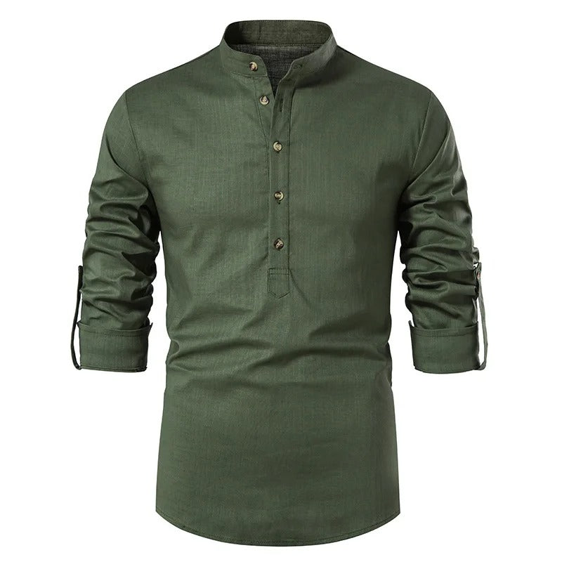 Mens Linen Shirt Stand Collar Classic Fit