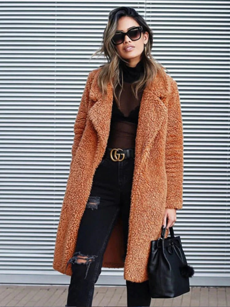 Womens Long Fleece Teddy Coat Soft Fit