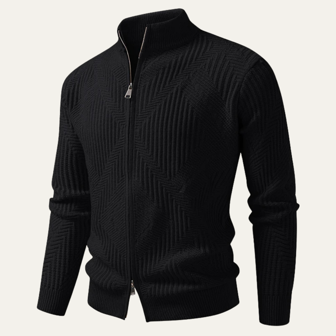Mens Knit Cardigan with Stand Collar and Zip-Up Geometric Pattern