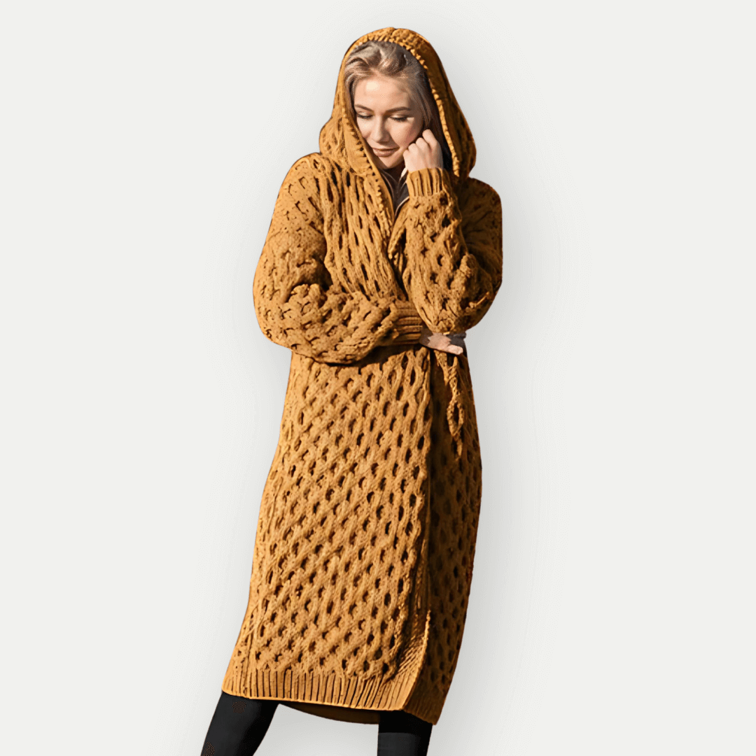 Womens Longline Hooded Cardigan Cable Knit Relaxed Fit