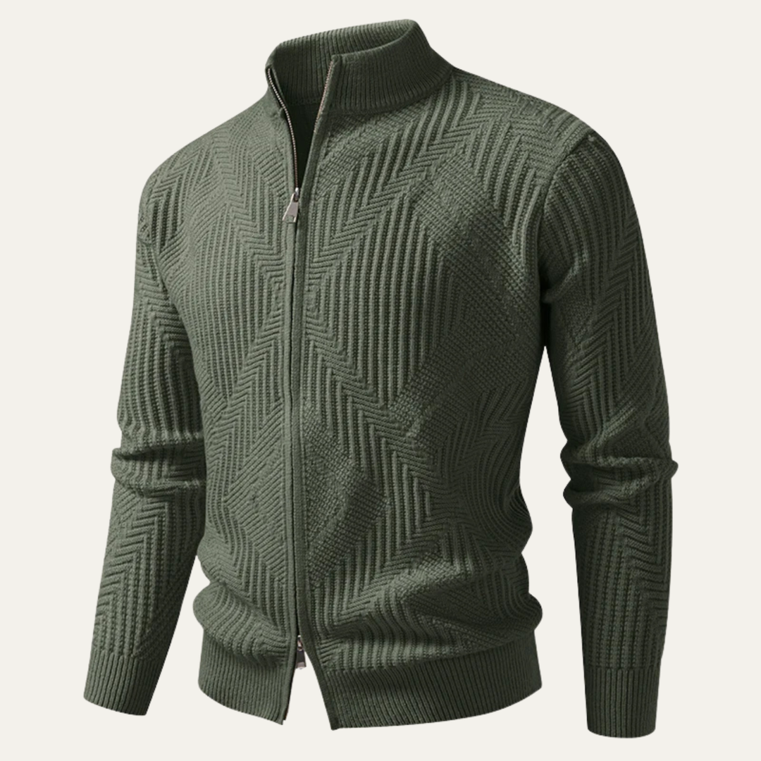 Mens Knit Cardigan with Stand Collar and Zip-Up Geometric Pattern