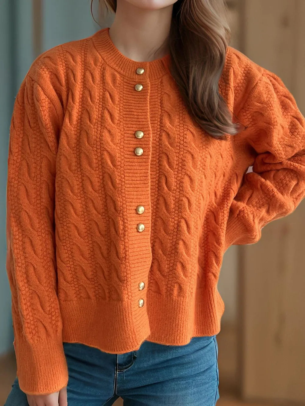 Womens Button Cardigan Sweater Cozy Crew Neck