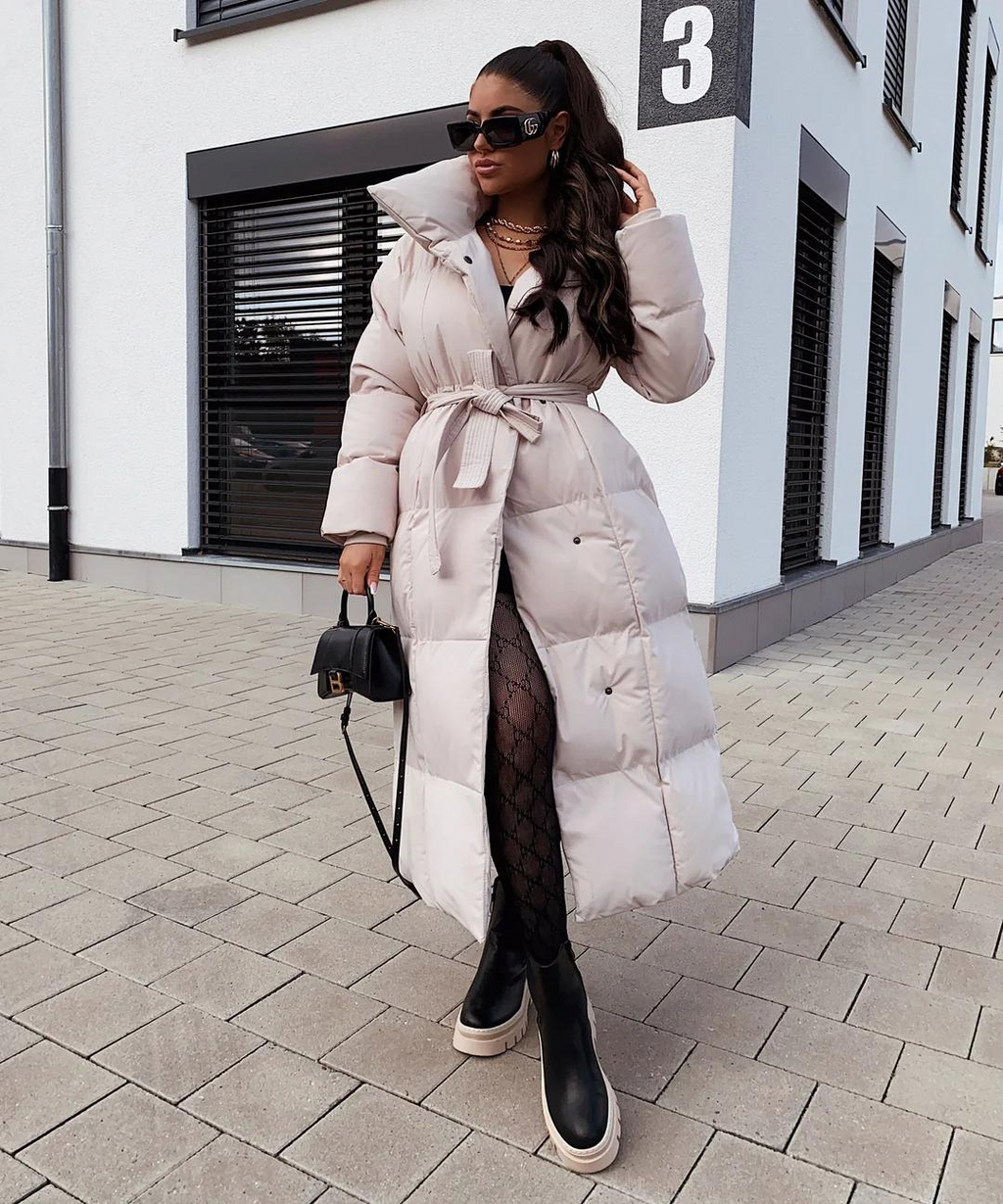 Womens Long Coat with Belt Elegant Outerwear