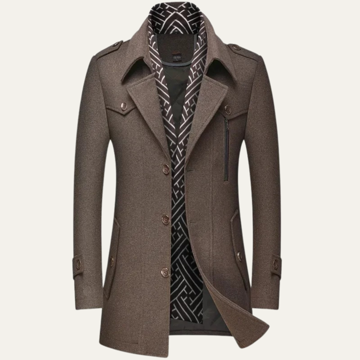Mens Wool Blend Trench Coat with Lapel Collar Long Fit